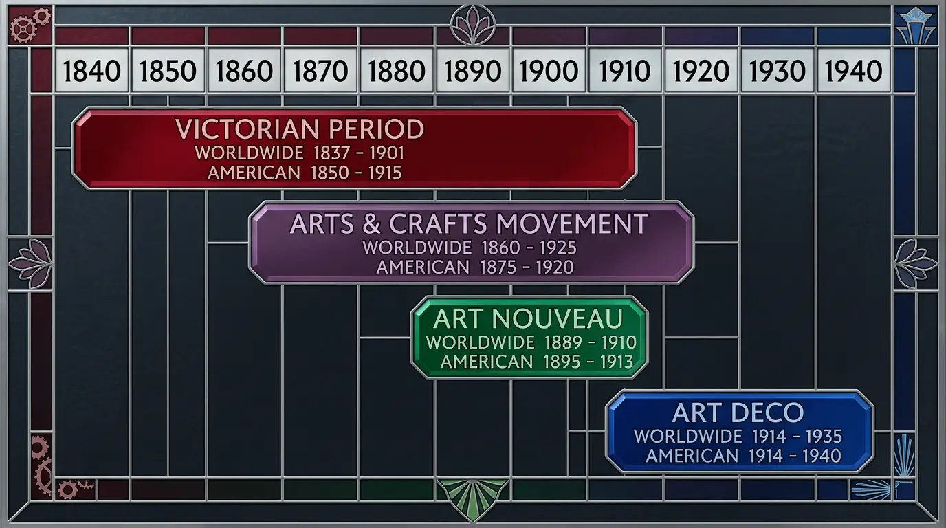 Antique Stained Glass Style Timeline, 1840–1940 Timeline comparing the Victorian, Arts and Crafts, Art Nouveau, and Art Deco periods worldwide and in America from 1840 to 1940